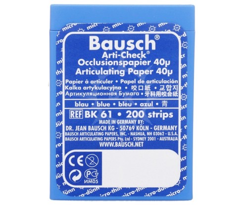 Артикуляционная бумага Bausch BK 61 - прямая, синяя (40мкм, 200шт), Bausch / Германия